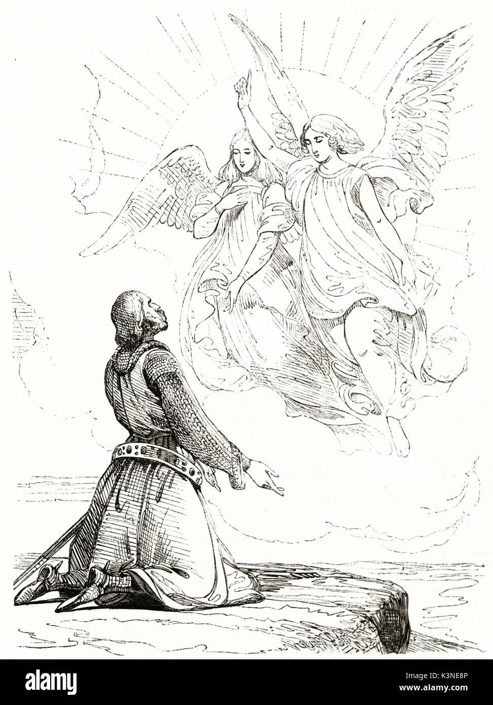 Alte Reproduktion eines Gemäldes porträtiert Godefroy von Bouillon auf seinem Knie während der Vision von zwei Engeln. Nach de Madrazo auf Magasin Pittoresque Paris 1839 veröffentlicht. Stockfoto