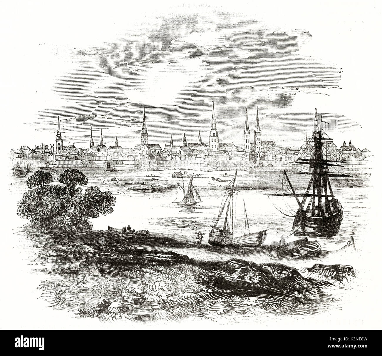 Alte Hamburger Stadtbild Blick von der Elbe Ufer. Alte Segel Boote über das Wasser. Von unbekannter Autor auf Magasin Pittoresque Paris 1839 veröffentlicht. Stockfoto