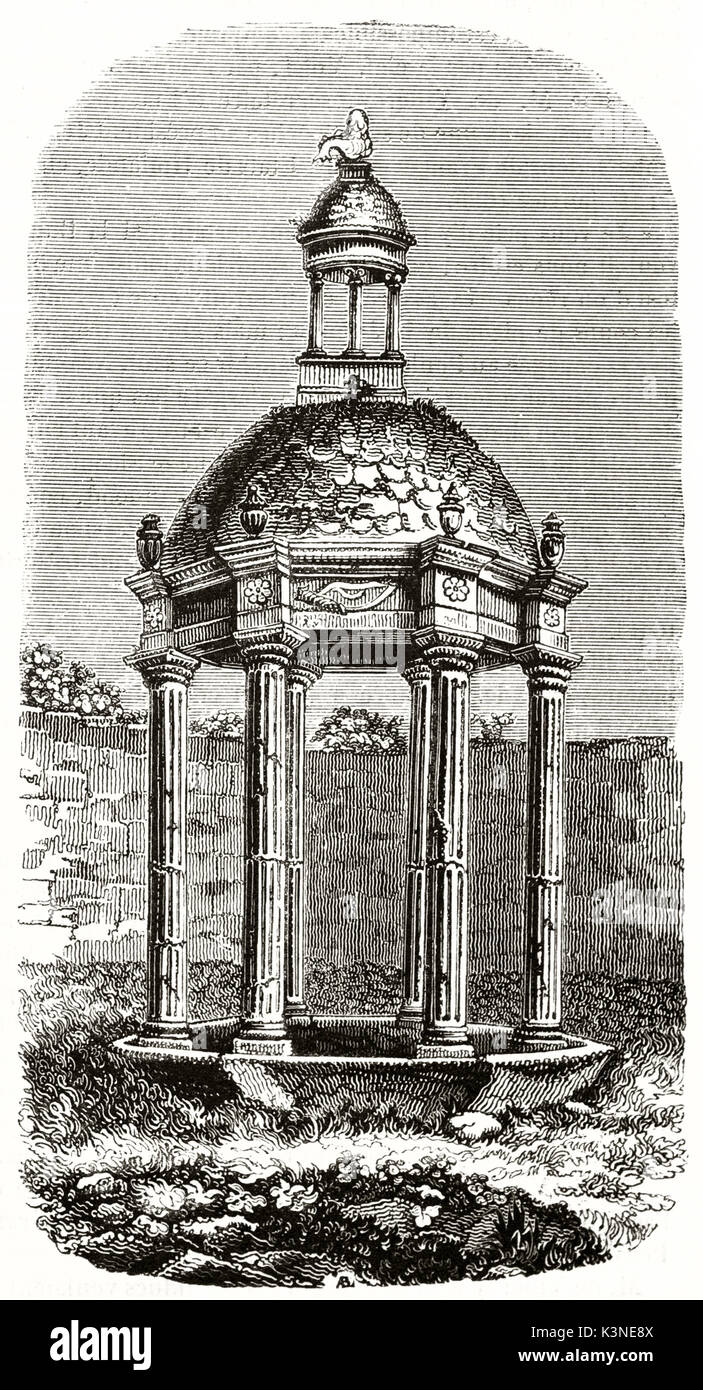 Alten Brunnen, in einem monumentalen Weise mit klassischen Säulen und einer Kuppel. Heinrich IV. Gut in Coutras Aquitaine Frankreich. Von unbekannter Autor auf Magasin Pittoresque Paris 1839 veröffentlicht. Stockfoto