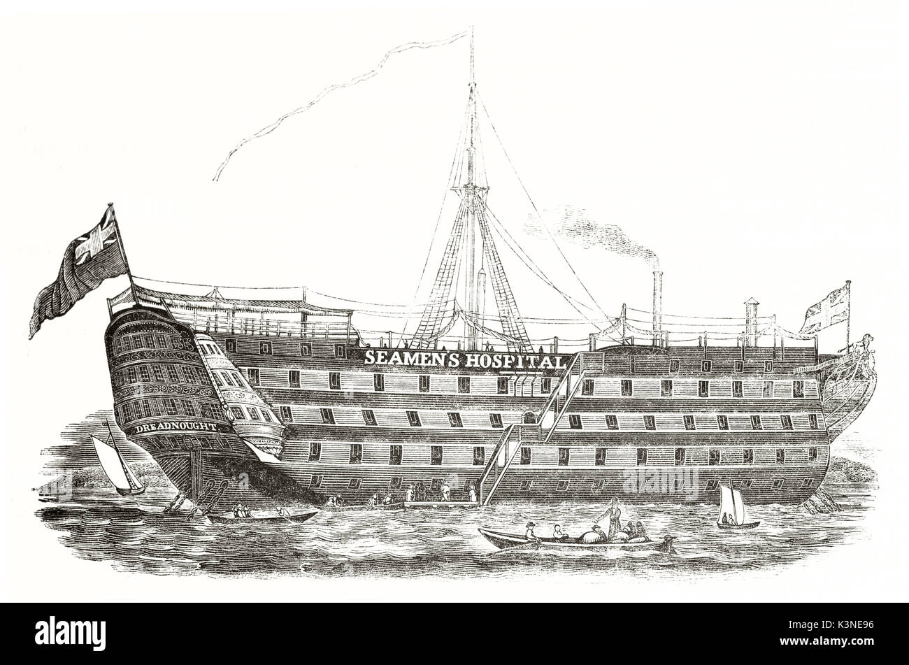 Alte grand Englisch Krankenhaus Schiff auf der Themse in der Nähe von Greenwich. Grafik auf weißem Hintergrund und wenig Teil Wasser isoliert. Die durch unbekannte Thema Magasin Pittoresque Paris 1839 Stockfoto