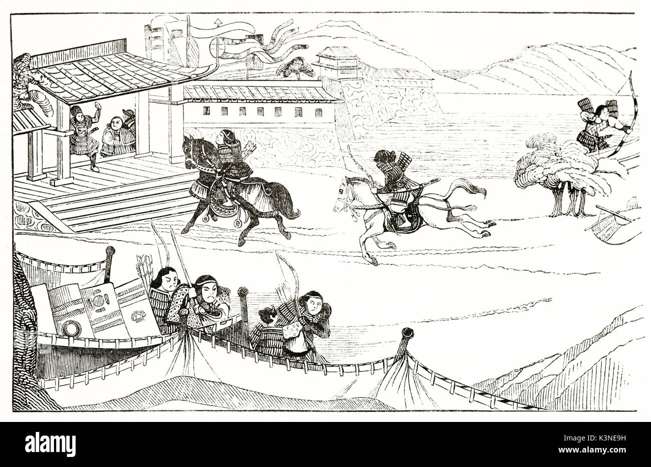 Alten orientalischen Stil schwarz-weiß illustration der japanischen Armee realisiert mit einem einfachen skizzieren. Nach Seidenmalerei, die durch unbekannte Autor auf Magasin Pittoresque Paris 1839 veröffentlicht. Stockfoto