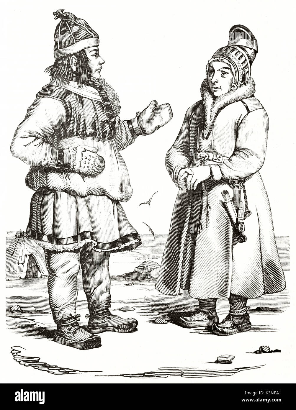 Alte eingravierten Abbildung mit zwei norwegische Laplanders in ihren traditionellen Kostümen geeignet für kalte Temperaturen. Durch Wattier Andrew Beste und Leloir, Magasin Pittoresque Paris 1839 erstellt Stockfoto