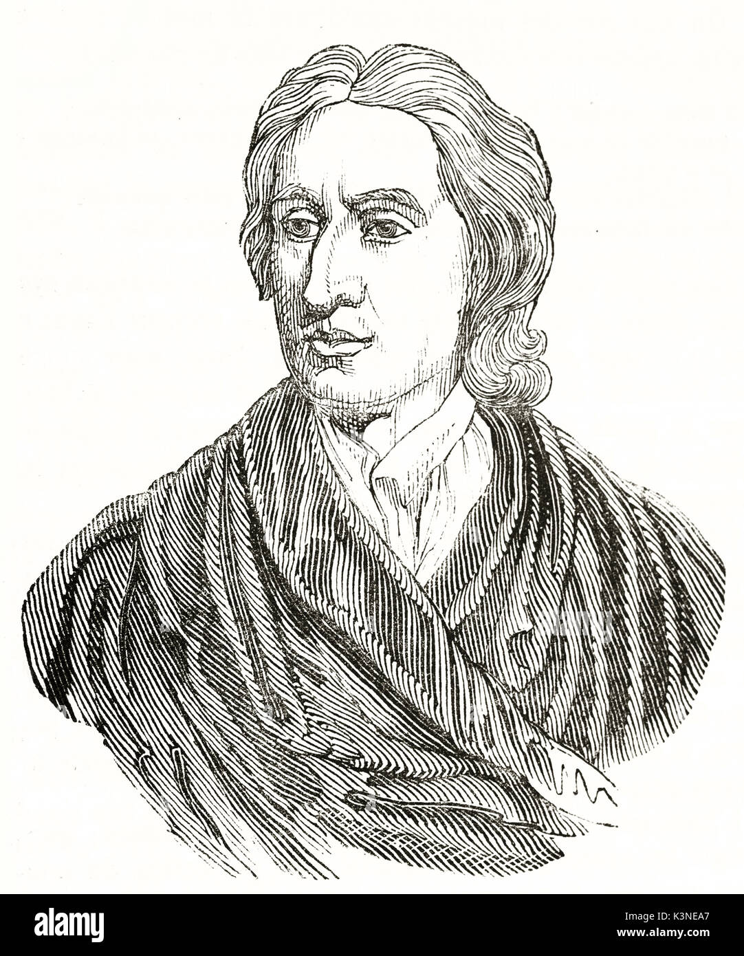 Alte graviert Büste Portrait mit einem regelmäßigen Luke von John Locke (1632-1704), englischer Philosoph und Arzt als Vater des Liberalismus. Auf Magasin Pittoresque Paris 1839 veröffentlicht bekannt gemacht Stockfoto