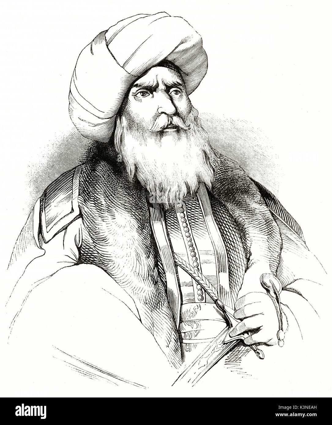 Antike Portrait von Mehmet Ali (1769-1849), Begründer des modernen Ägypten, orientalische traditionell mit Turban und weißen Bart gekleidet. Von unbekannter Autor auf Magasin Pittoresque Paris 1839 veröffentlicht. Stockfoto