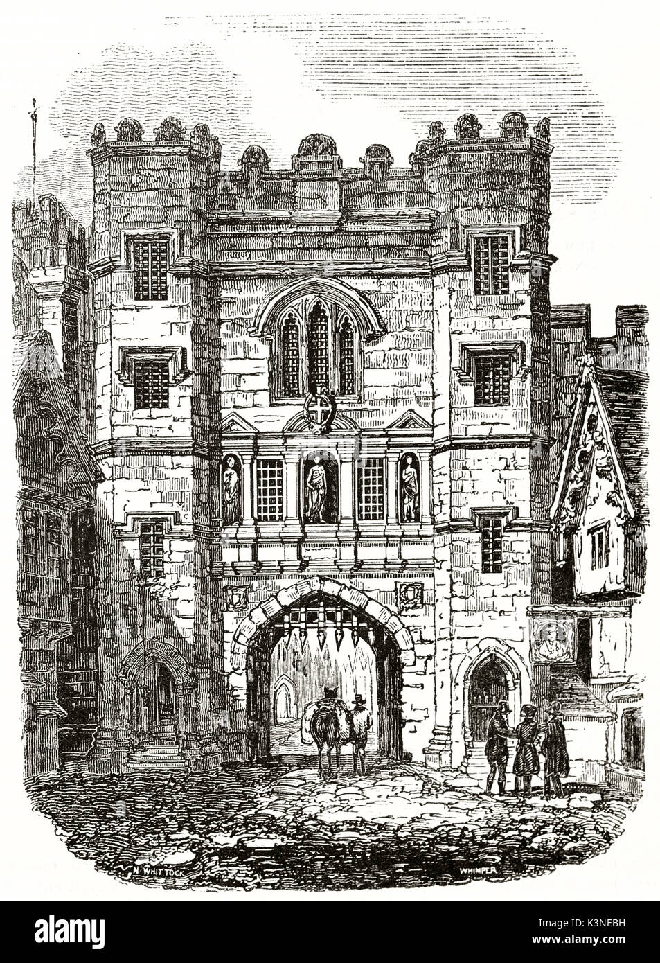 Alten Vorderansicht des Newgate alten Tor und Gefängnis in London, hohe Schwere starke Stein mittelalterlichen Gebäude. Durch Wittock und Wimper auf Magasin Pittoresque Paris 1839 veröffentlicht erstellt Stockfoto