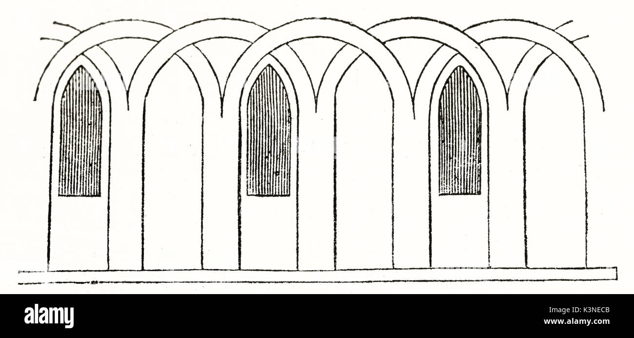 Alte Abbildung ogive als Ergebnis der Bögen Schnittpunkt angezeigt. Schwarze und Weiße architektonische Modul durch unbekannte Autor auf Magasin Pittoresque Paris 1839 veröffentlicht. Stockfoto