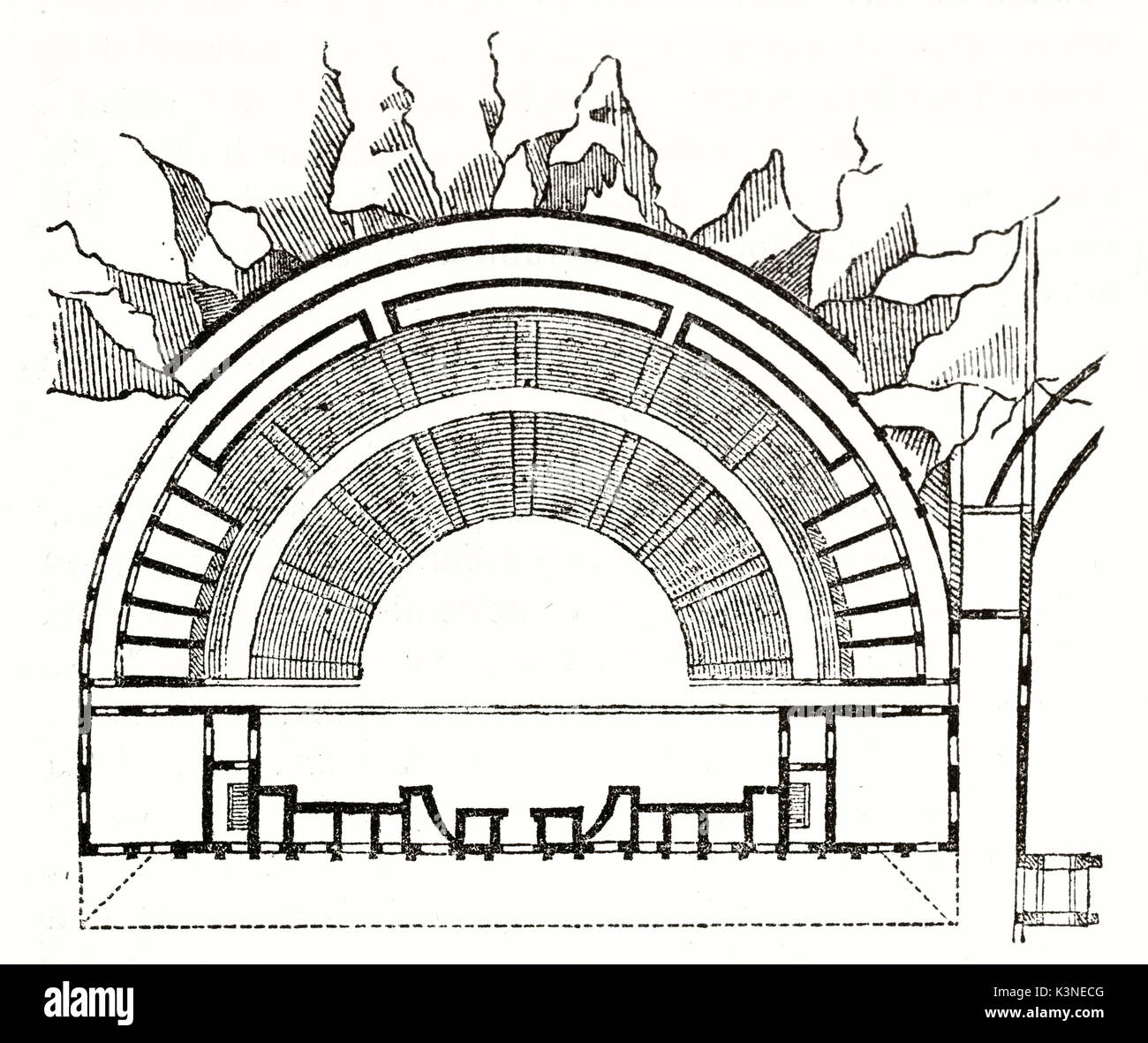 Alte planimetry des Römischen Theater von Orange Vaucluse Frankreich. Von unbekannter Autor auf Magasin Pittoresque Paris 1839 veröffentlicht. Stockfoto