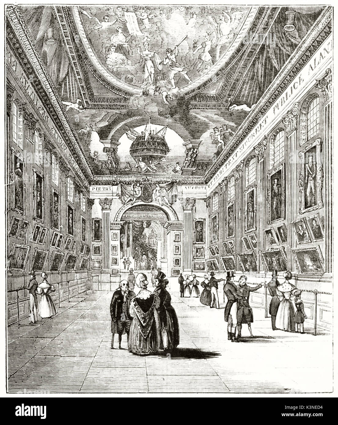 Alte big Pictorial Ausstellung in einem großen bemalten Saal mit einem hohen Dach. Alte Ansicht der lackierten Halle in Greenwich Hospital London. Von unbekannter Autor auf Magasin Pittoresque Paris 1839 veröffentlicht. Stockfoto