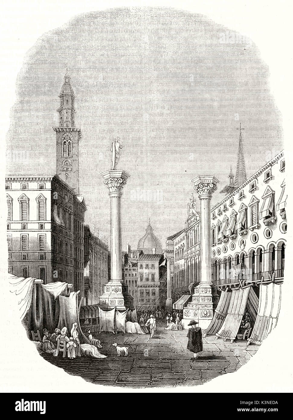 Alte Aussicht auf die Piazza dei Signori (Lord's Square) Vicenza Italien, Illustration in einem Ovalen Rahmen mit verblichenen Kanten angeordnet. Von unbekannter Autor auf Magasin Pittoresque Paris 1839 veröffentlicht. Stockfoto