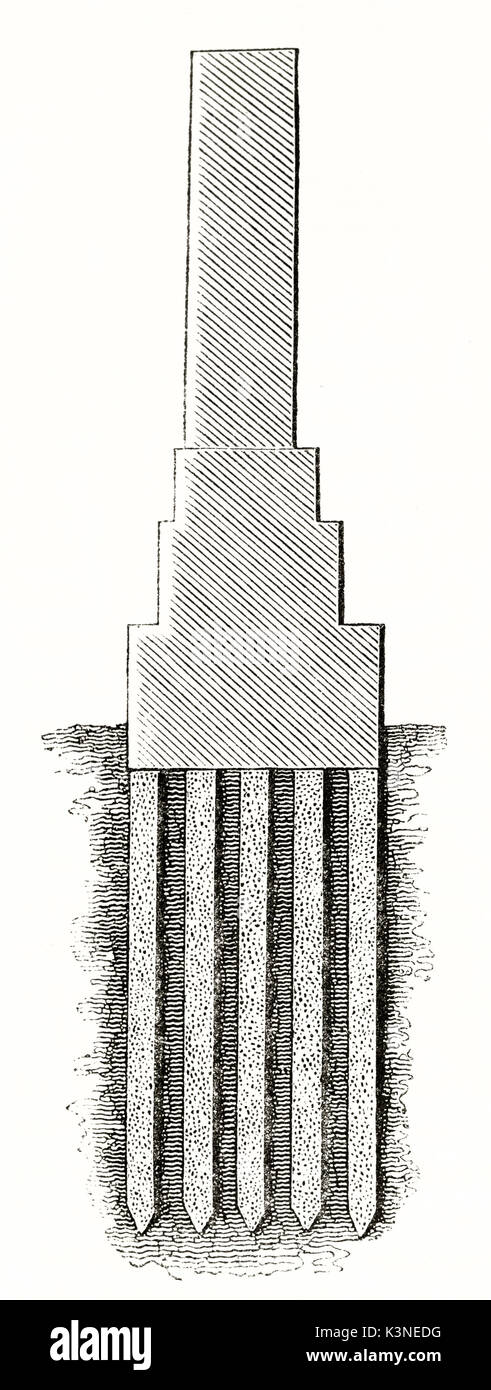Alte schematische Darstellung einer Säule auf einem sand Unterkonstruktion gegründet. Von unbekannter Autor auf Magasin Pittoresque Paris 1839 veröffentlicht. Stockfoto