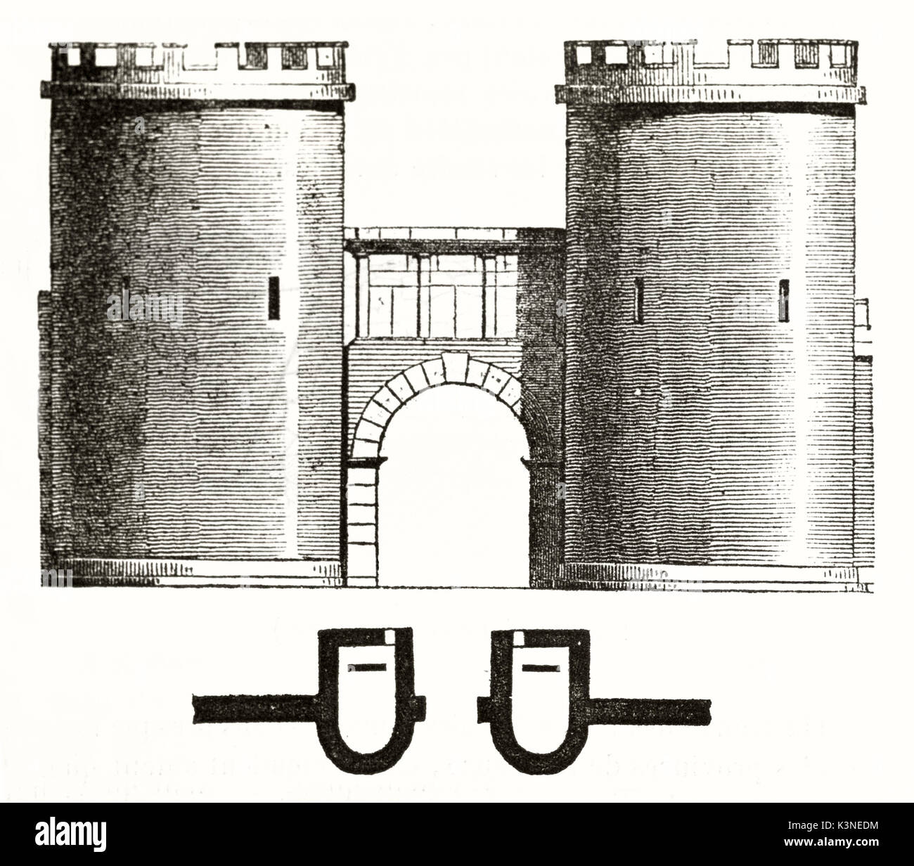 Alte Ansicht von vorne auf die Porte de France (Frankreich Tor) Nimes Frankreich, in einem alten architektonischen Abbildung angezeigt. Von unbekannter Autor auf Magasin Pittoresque Paris 1839 veröffentlicht. Stockfoto