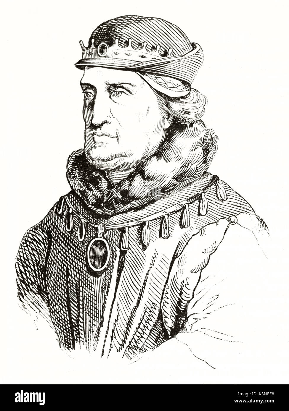 Alte Nahaufnahme Portrait von König Rene ich von Neapel (1409 - 1480). Er schaut nach links tragen ein elegantes Cap und Krone. Von unbekannter Autor auf Magasin Pittoresque Paris 1839 veröffentlicht. Stockfoto
