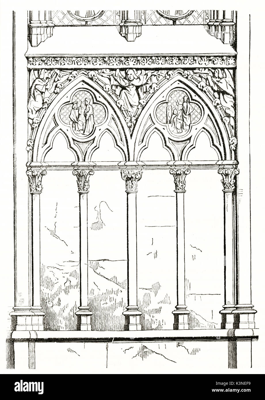 Alte graviert Reproduktion von wies Rundbogenfenster und detaillierte Reliefs in der Sainte-Chapelle (Heilige Kapelle) Paris. Von unbekannter Autor auf Magasin Pittoresque Paris 1839 veröffentlicht. Stockfoto