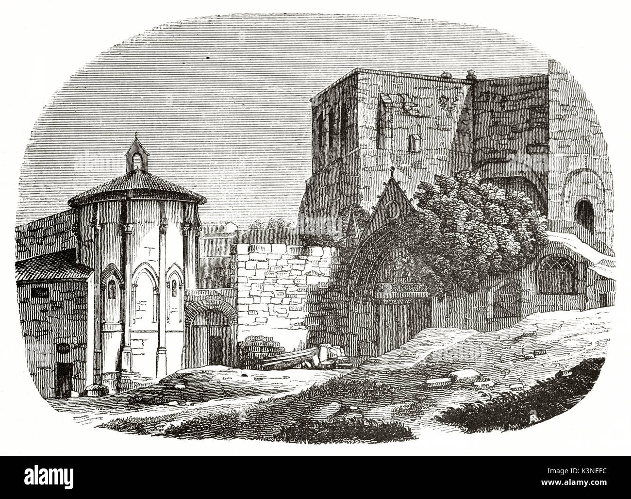 Saint-Emilion monolithische Kirche Eingang Gironde Frankreich angezeigt in einem alten eingraviertem Muster in einem Ovalen Rahmen mit verblichenen Kanten eingefügt. Auf Magasin Pittoresque Paris 1839 veröffentlicht. Stockfoto