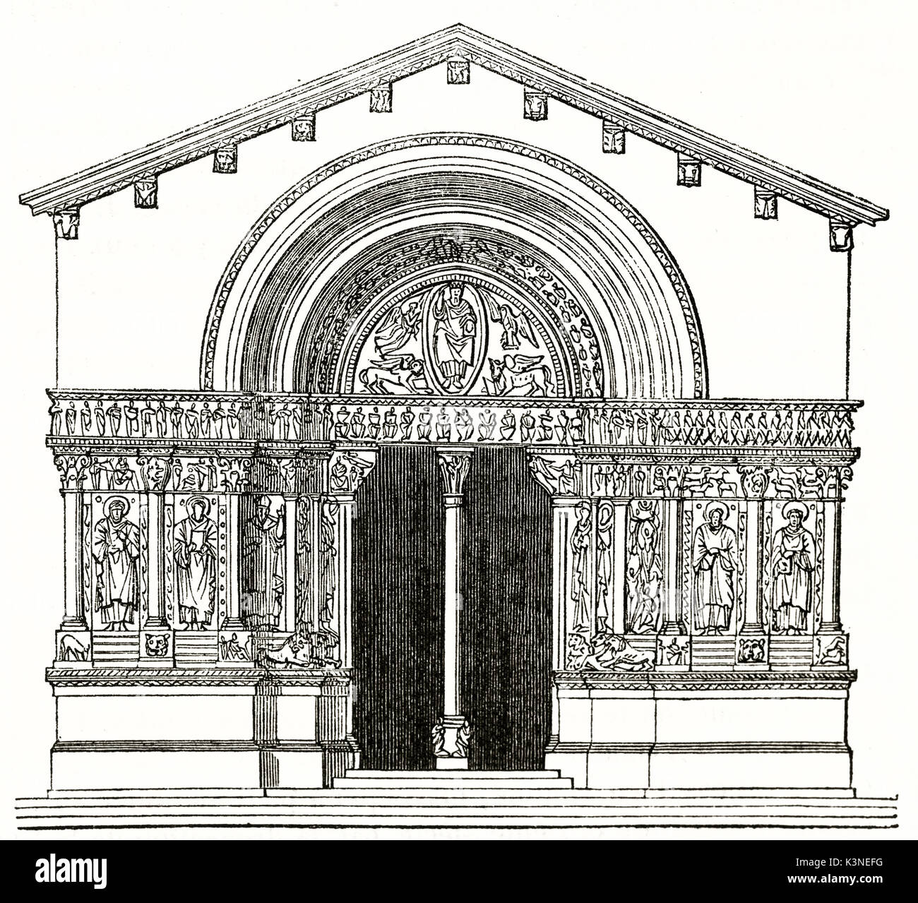 Alten front Reproduktion von Saint Trophime Kirche alten gewölbten Portal reichen von Dekoration und Reliefs, Arle Frankreich. Von unbekannter Autor auf Magasin Pittoresque Paris 1839 veröffentlicht. Stockfoto