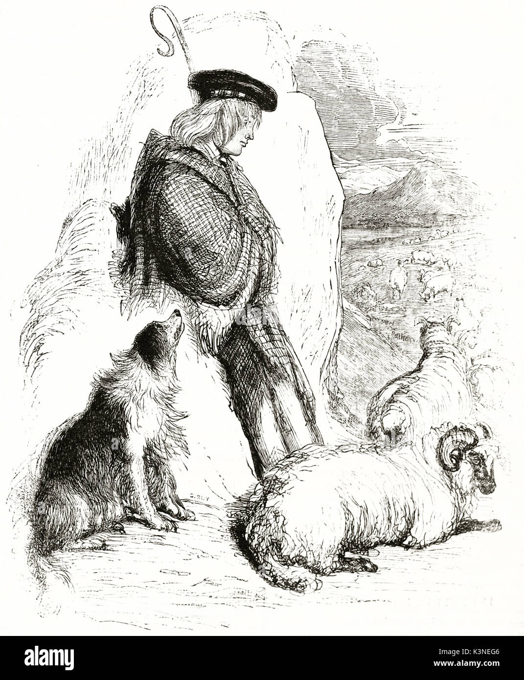 Alte Skizze eines alten schottischen Hirten die Herde von Schafen mit seinem Hund. Beide Figuren sind voller Körper angezeigt. Von unbekannter Autor auf Magasin Pittoresque Paris 1839 veröffentlicht. Stockfoto