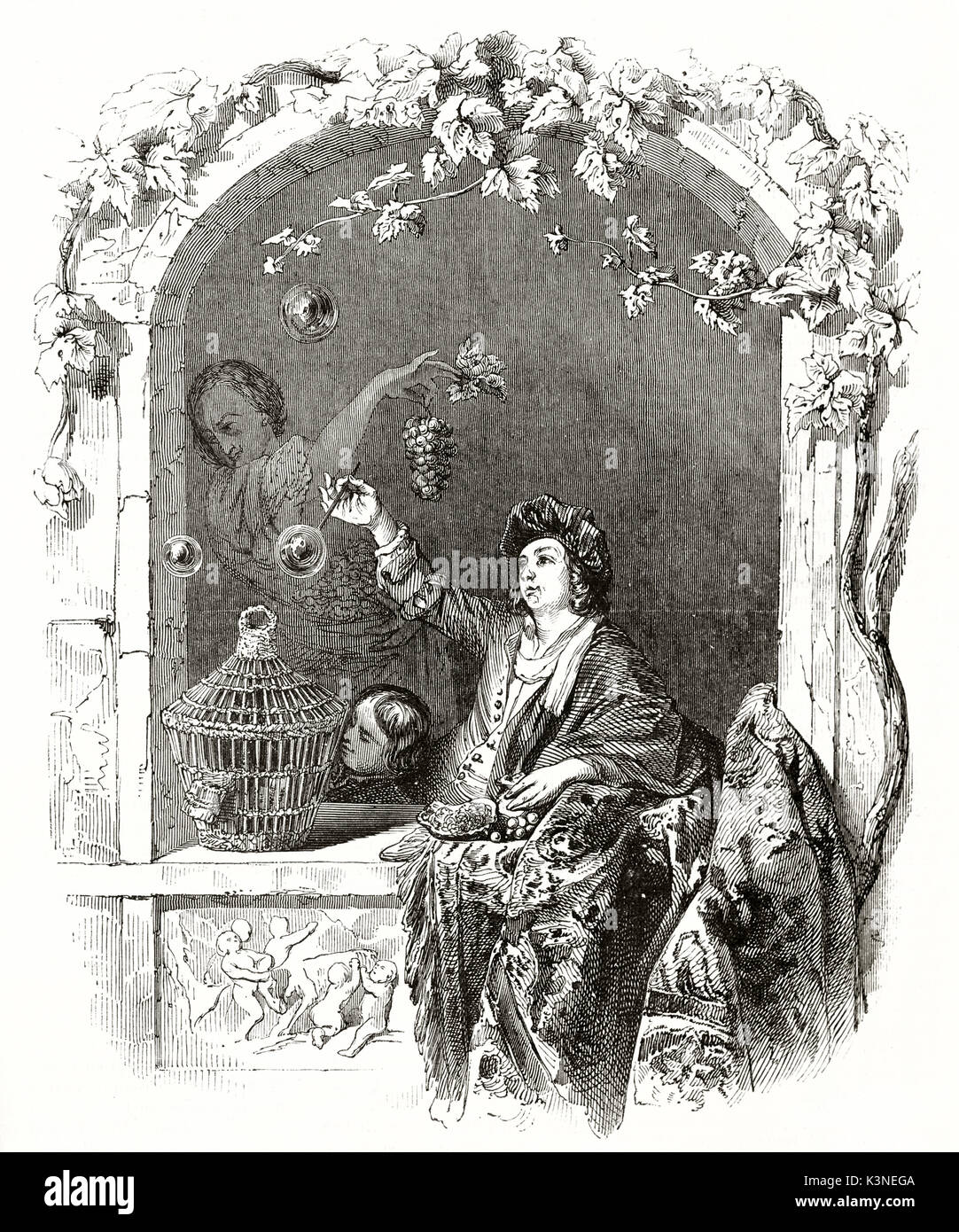 Alte Abbildung: ein Junge macht Seifenblasen. Grafische Komposition in einem Ovalen Rahmen mit verblichenen Kanten. Durch Quartley nach mieris der Junge auf Magasin Pittoresque Paris 1839 veröffentlicht erstellt Stockfoto