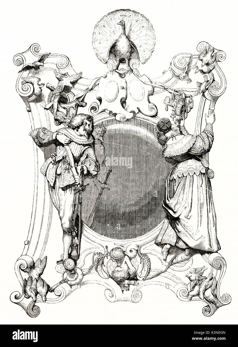 Alte graviert Reproduktion des miroir de la Vanitischen (Vanity Mirror) Holz- Bildhauerei. Sehr detaillierte elegante Objekt. Nach Felicie de Faveau auf Magasin Pittoresque Paris 1839 veröffentlicht. Stockfoto