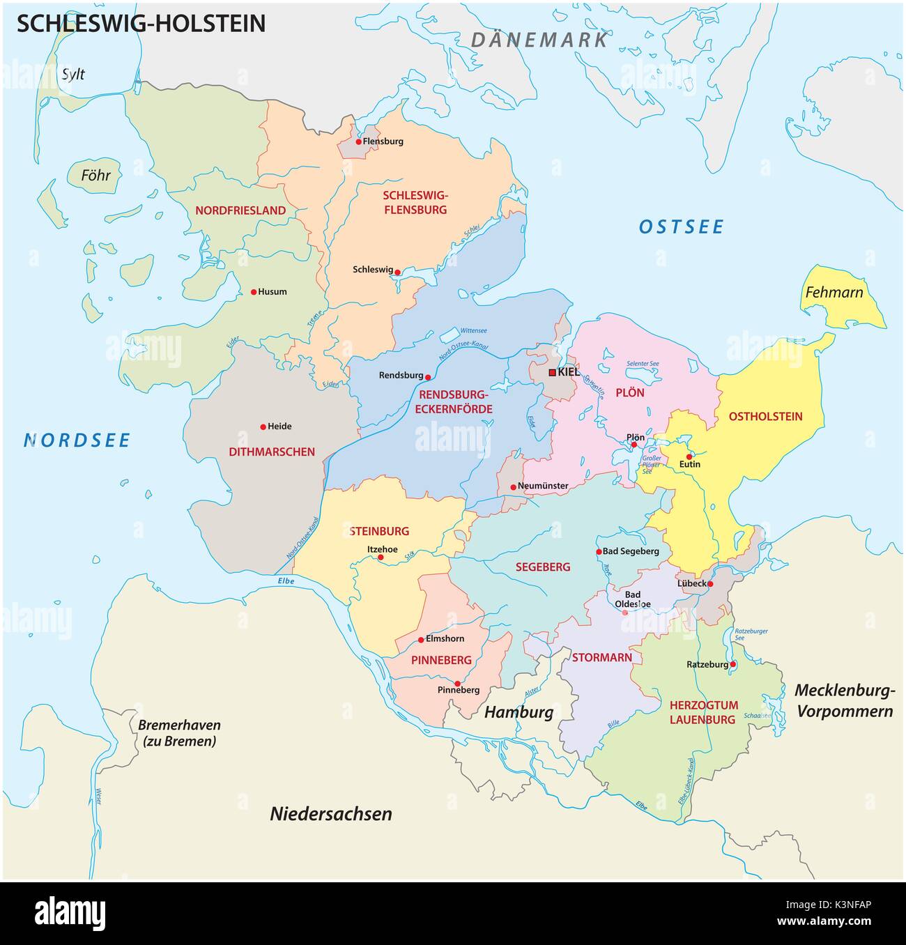 Schleswig-Holstein administrative und politische Karte in deutscher Sprache Stock Vektor