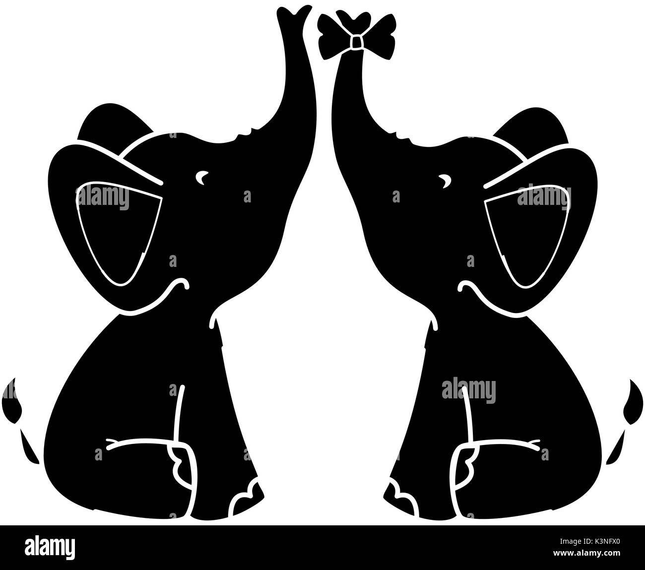 Paar Elefanten mit dekorativer Schleife binden Tier Symbol auf weißem Hintergrund Vector Illustration Stock Vektor