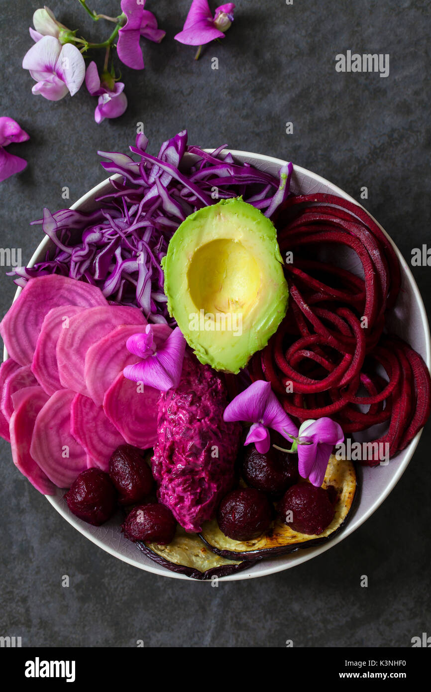 Vegan Schüssel mit roh und gekocht, rote Rüben, Rotkohl, Aubergine Stockfoto