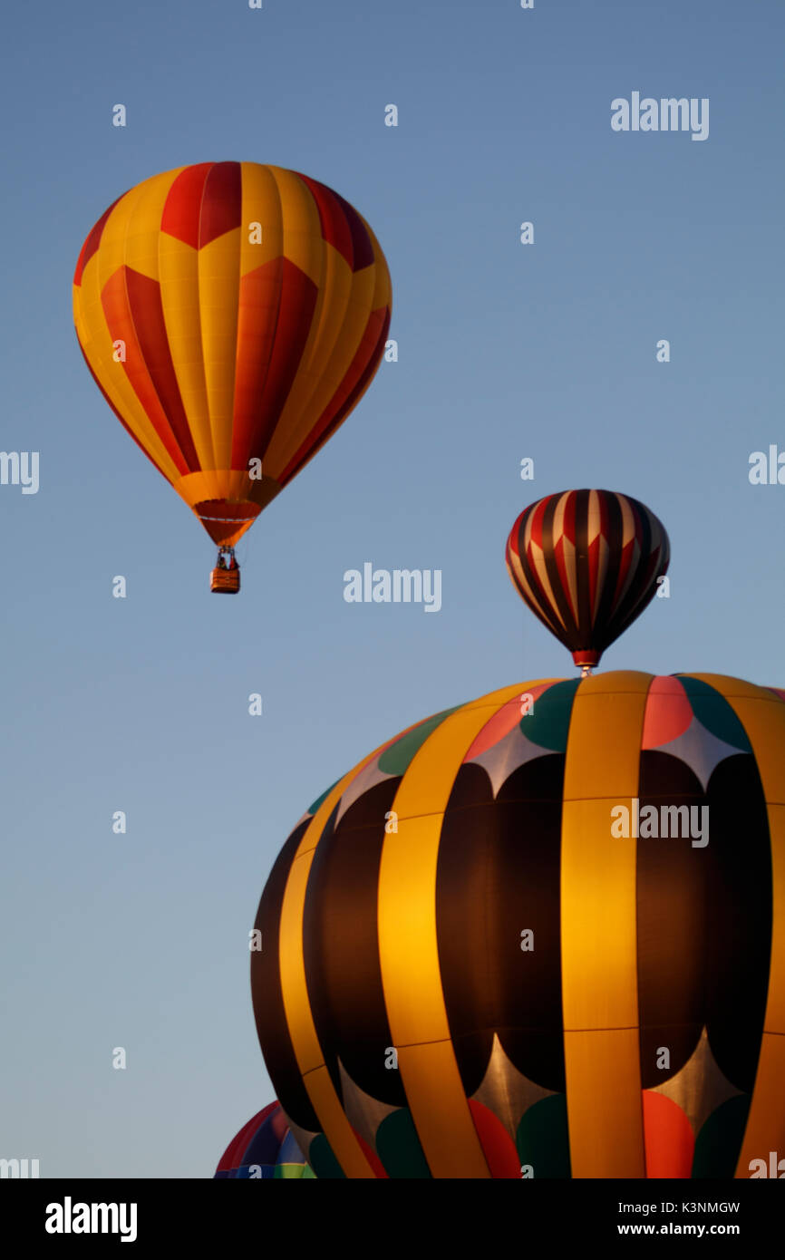 Bunte Heißluftballons schweben durch den Himmel in Albany, Georgia, USA. Stockfoto