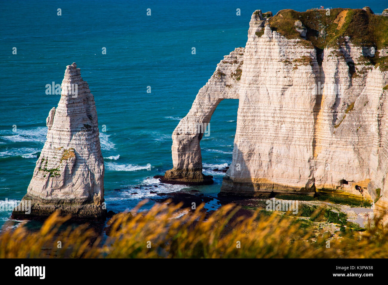 Etretat, Normandie, Frankreich. Die Klippen auf den Atlantischen Ozean bei einem sonnigen Tag. Stockfoto