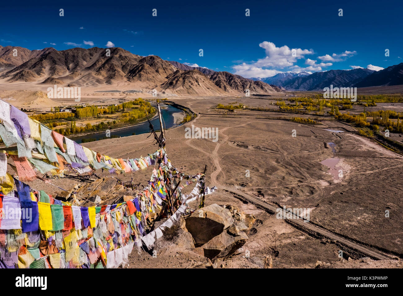 Stakna Klosters, Indus Valley, Ladakh, Indien, Asien. Gebetsfahnen. Stockfoto
