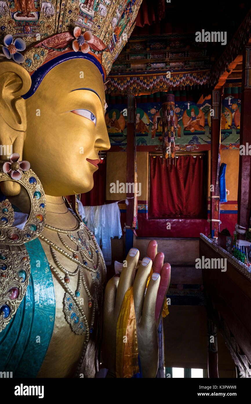 Thiksey Kloster, Indus Valley, Ladakh, Indien, Asien. Statue des Buddha Maitreya. Stockfoto