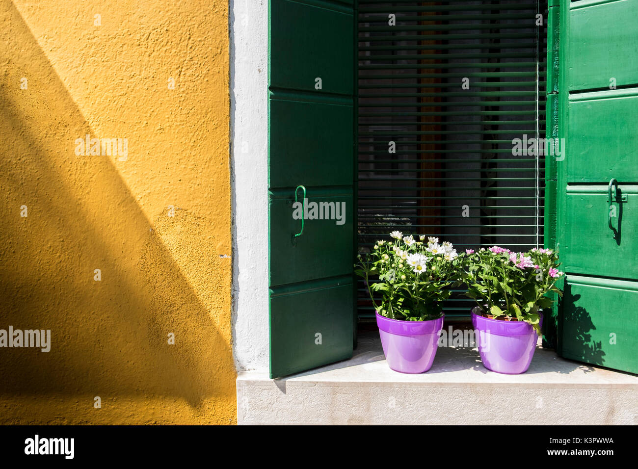 Burano, Venedig, Venetien, Italien, Norden und Osten Europas. Ein typisches Fenster mit gelben wand. Stockfoto