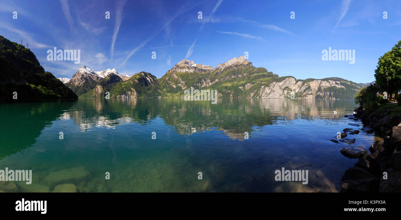 Panoramablick auf Vierwaldstättersee und die Berge von Sisikon, Kanton Uri, Switzlerand wider Stockfoto