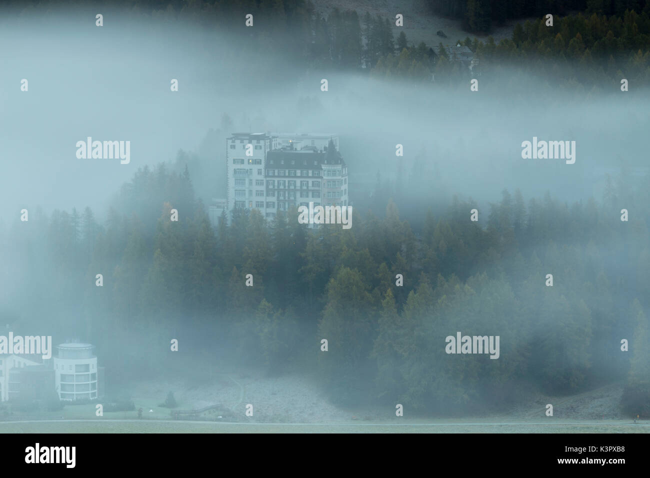 Nebel der Herbst Dämmerung umgibt, den Wald und die Landschaft von Sils der Kanton Graubünden Engadin Schweiz Europa Stockfoto