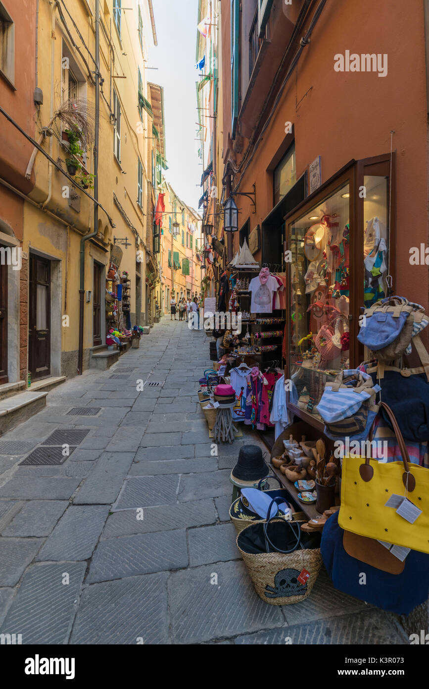 Souvenirs und Kunsthandwerk und typischen bunten Häuser in den alten Gassen von Portovenere La Spezia Provinz Ligurien Italien Europa Stockfoto