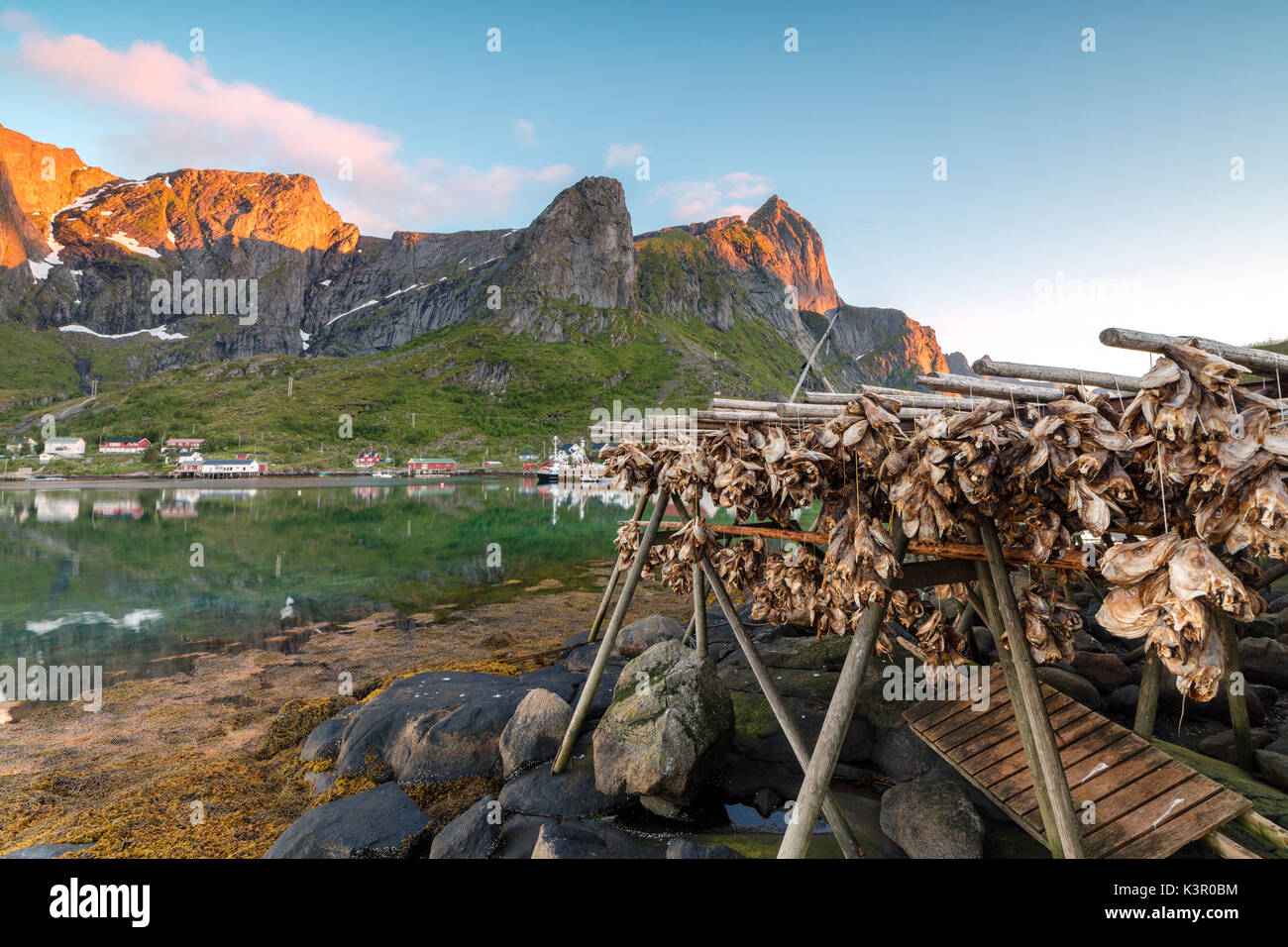 Mitternachtssonne auf getrockneten Fisch durch das Fischerdorf und spitzen Reine Nordland county Lofoten in Nordnorwegen Europa gerahmt Stockfoto