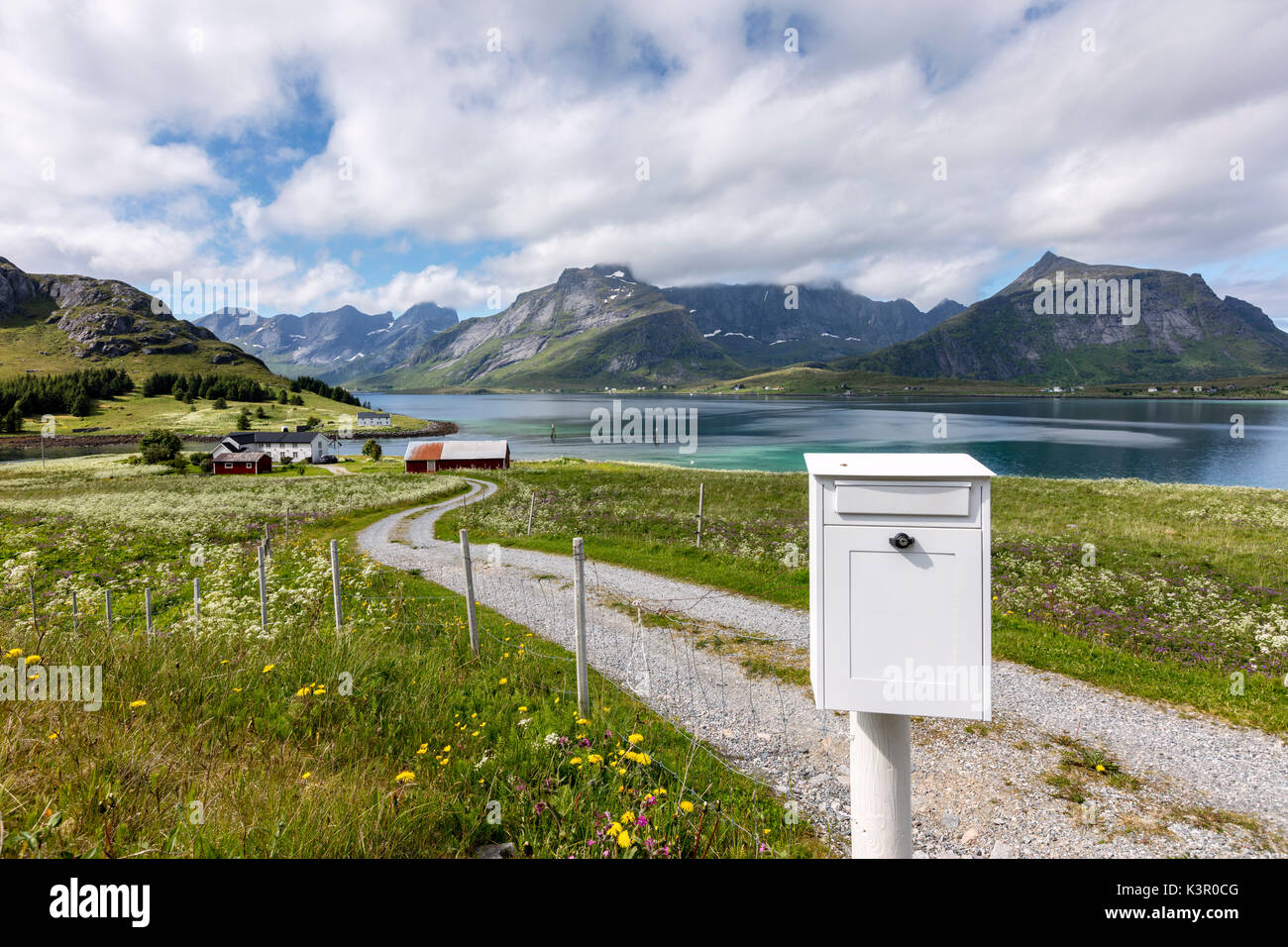 Sommer blühende durch klares Wasser Fredvang Flakstad Gemeinde Nordland county Lofoten in Nordnorwegen Europa gerahmt Stockfoto