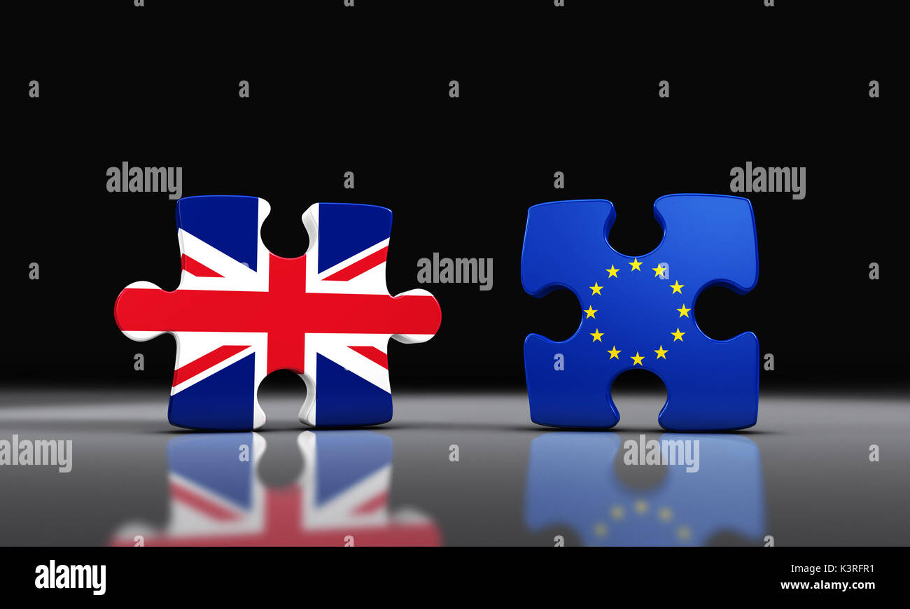 Brexit Großbritannien Verlassen der Europäischen Union Konzept mit Union Jack und EU-Flagge auf getrennt Puzzleteile 3D-Abbildung. Stockfoto
