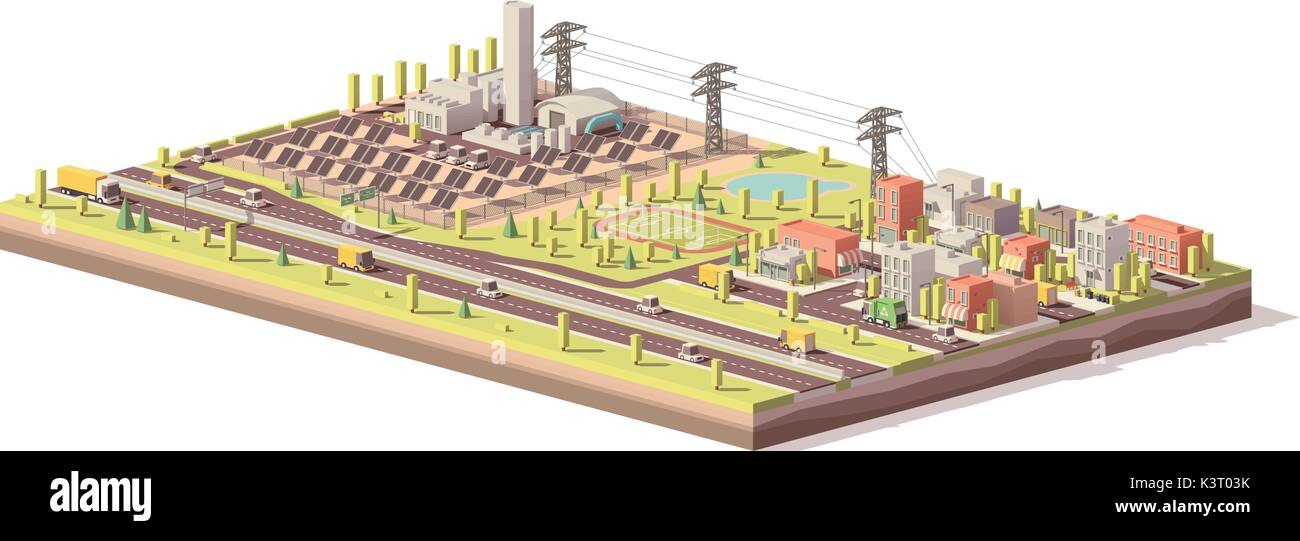 Vektor Low Poly Solarkraftwerk und Stadt Stock Vektor