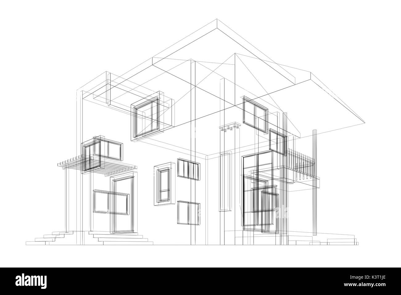 Ferienhaus blueprint 3D Rendering Bau Stockfoto