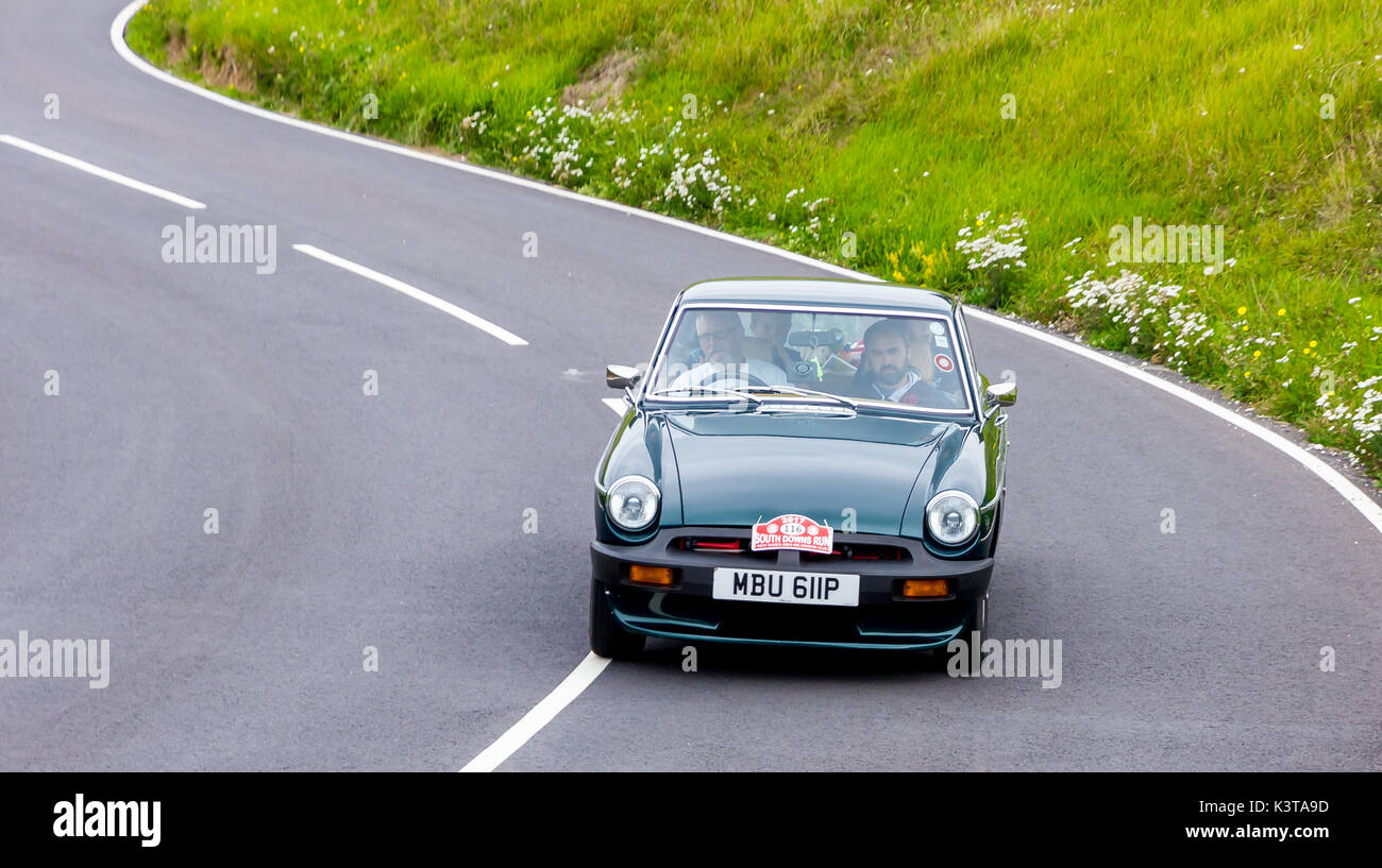 Eastbourne, East Sussex, UK. 3 Sep, 2017 mg und Sprite Autobesitzer nehmen Teil an der South Downs. Dieser nicht wettbewerbsfähiger Antrieb startet von Hill Bury in der Nähe von Arundel. Die Route der malerischen Südküste von Sussex einschließlich der schönen Beachy Head Klippen folgt, vor der Ankunft im beliebten Badeort Eastbourne, East Sussex. Credit: Alan Fraser Stockfoto