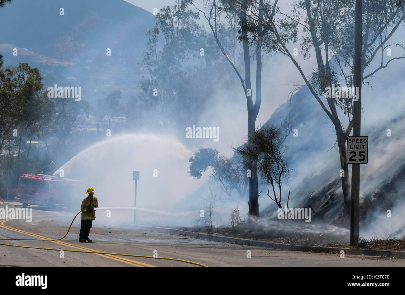 Burbank, USA. 3. Sep 2017. Ein Feuerwehrmann douses Hot Spots auf Bürste Feuer in der Nähe von einem Hügel in Burbank, Kalifornien, USA, Sept. 3, 2017. Gouverneur Jerry Brown aus Kalifornien am Sonntag herausgegeben Notfall Verkündigung für Los Angeles County als Reaktion auf eine massive Bürste Feuer am nördlichen Rand von Los Angeles. Credit: Zhao Hanrong/Xinhua/Alamy leben Nachrichten Stockfoto