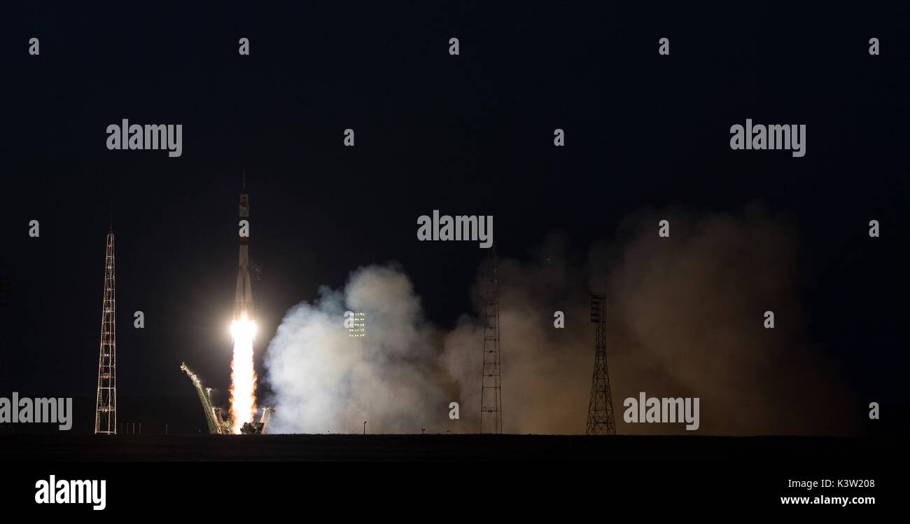 Die Sojus MS-05 Raumschiff startet die NASA die Internationale Raumstation für die Expedition 52 an der Kosmodrom Baikonur 28. Juli 2017 in Baikonur, Kasachstan. (Foto von Joel Kowsky über Planetpix) Stockfoto