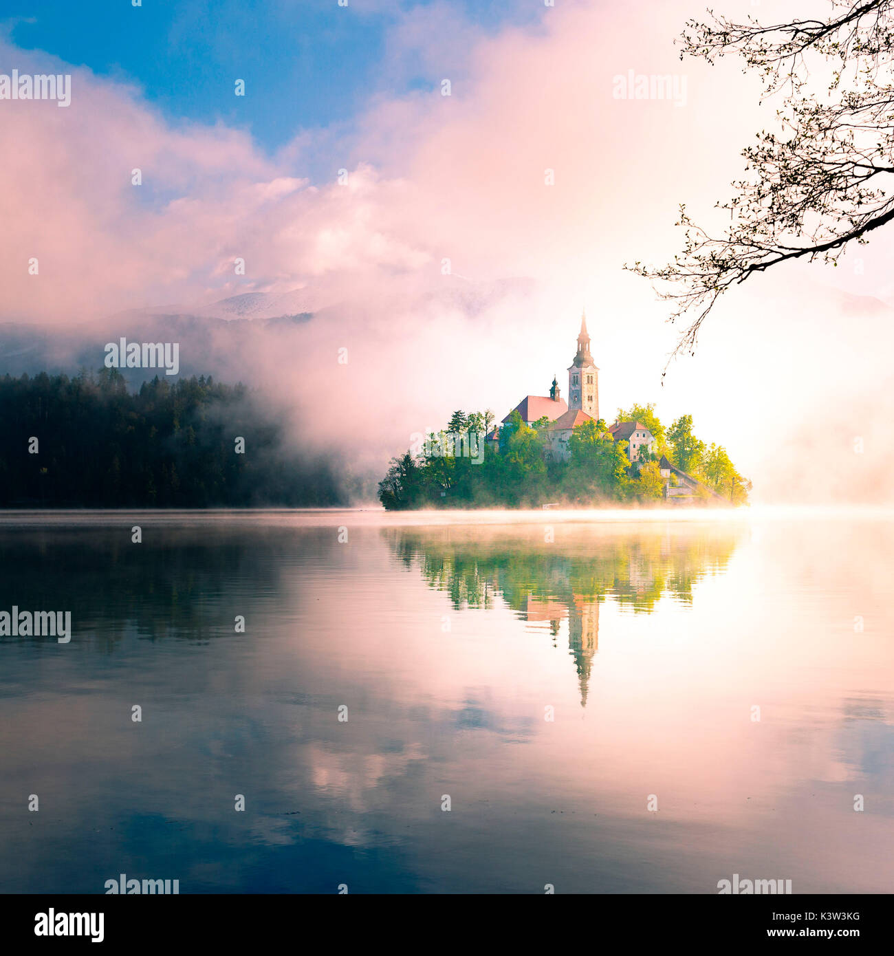 Bled See, Slowenien. Eine zauberhafte und unvorhergesehene Sonnenaufgang über der nebligen Insel Stockfoto