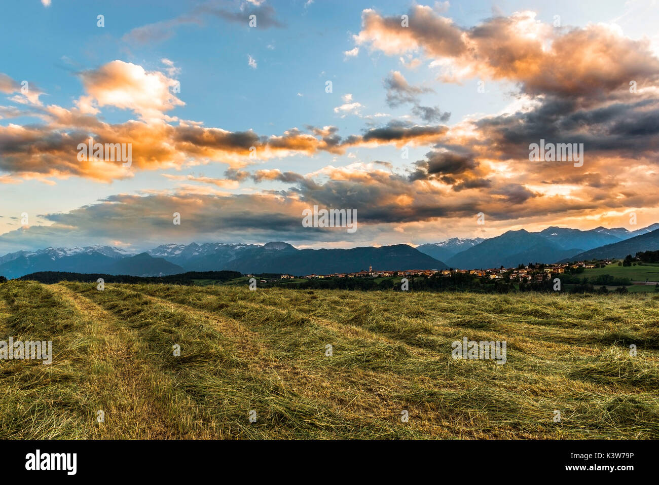 Italien, Trentino Alto Adige, Sonnenuntergang auf der frisch gemähten Wiesen des Nonstal, im Hintergrund der Gruppe der Brenta Stockfoto