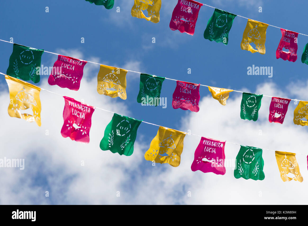 Farbige mexikanische Markierungsfahnen, San Cristobal de las Casas, Chiapas, Mexiko. Stockfoto