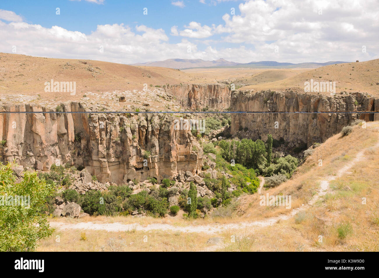 Die Ihlara Tal in der Türkei, in Kappadokia, ist 14 km von Ihlara, Salime. Dieses Tal ist Tiefe 100-150m und entlang gibt es Gräber, Kirchen und Schutzhütten in den Fels gegraben. Stockfoto