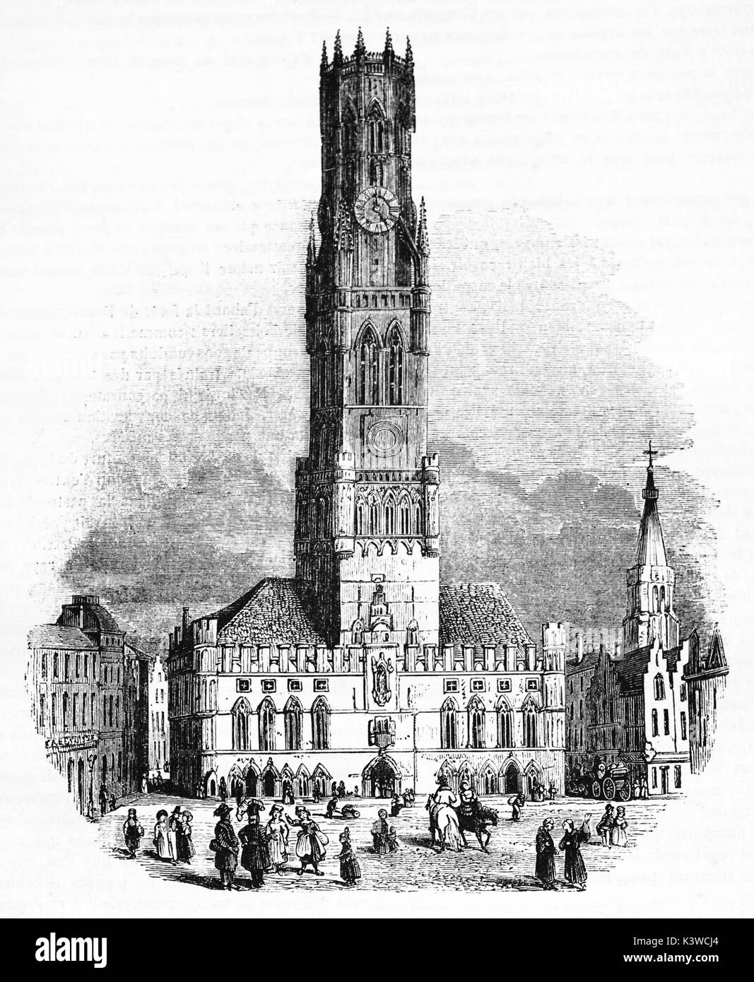 Alte Ansicht der Belfried von Brügge. Von unbekannter Autor, auf Magasin Pittoresque, Paris, 1841 veröffentlicht. Stockfoto