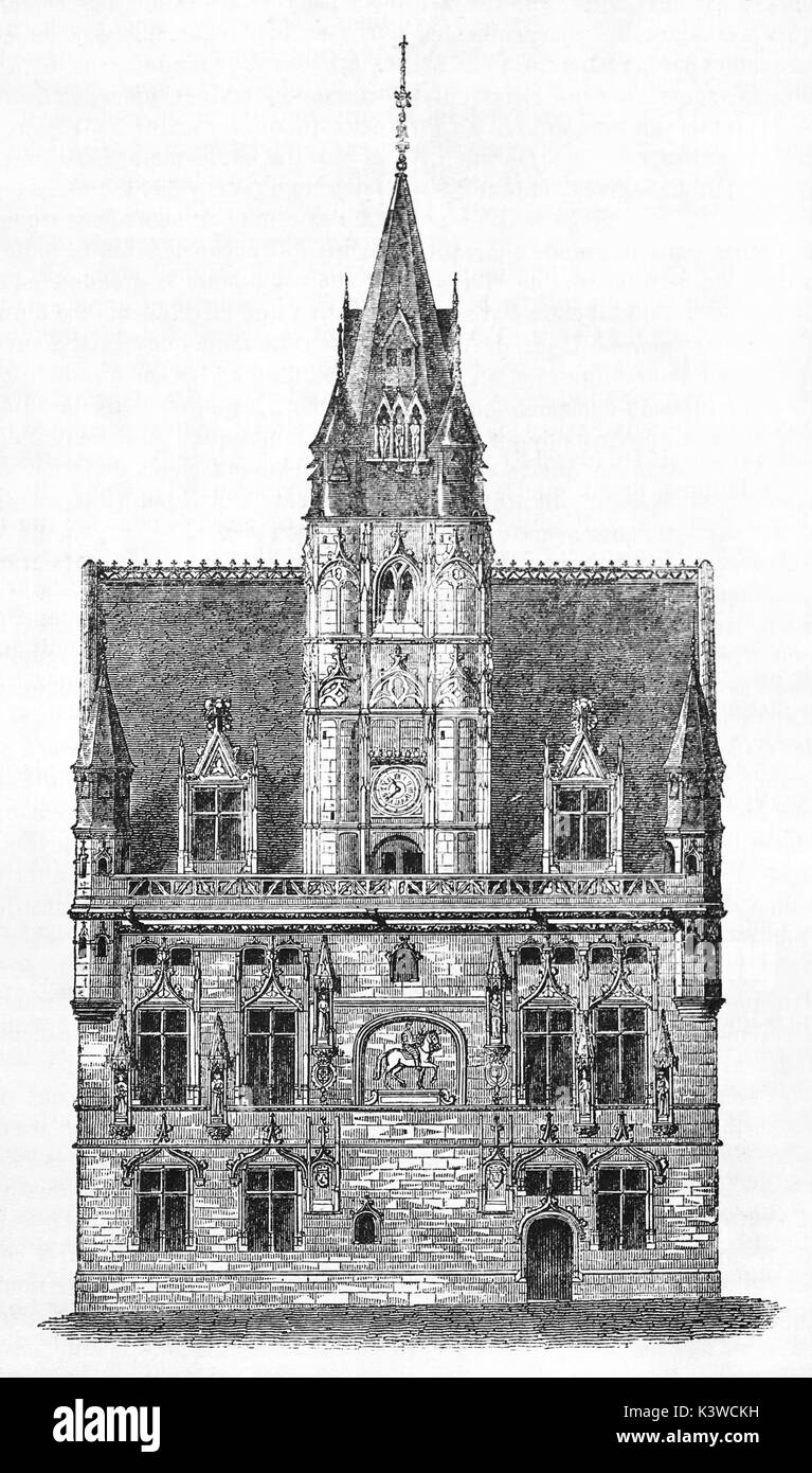 Alte Abbildung von Compiègne Rathaus, Frankreich. Von unbekannter Autor, auf Magasin Pittoresque, Paris, 1841 veröffentlicht. Stockfoto