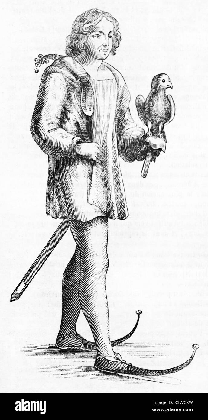Alte Abbildung eines Mannes cracows tragen, eine Art spitze Schuhe beliebt im Mittelalter. Von unbekannter Autor, auf Magasin Pittoresque, Paris, 1841 veröffentlicht. Stockfoto