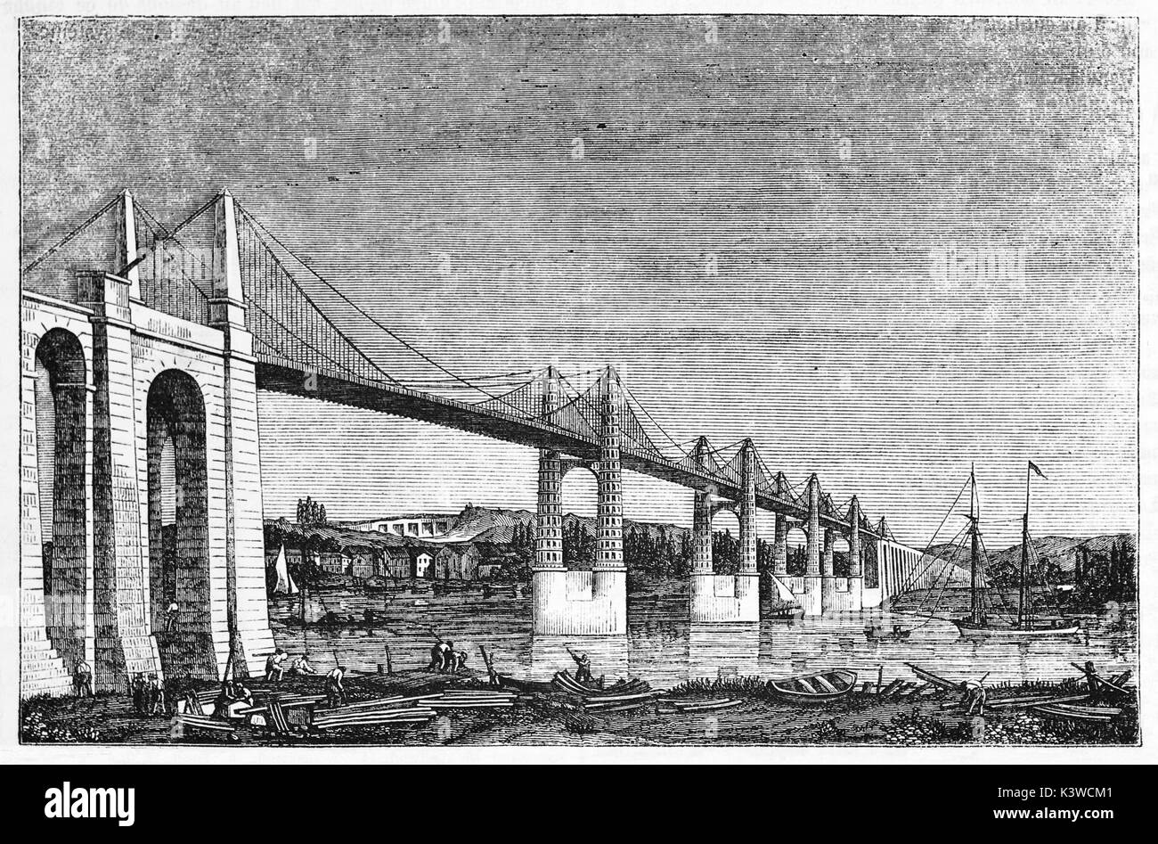 Alte Abbildung: Cubzac Brücke, Frankreich, bevor es durch einen Sturm zerstört wurde. Von unbekannter Autor, auf Magasin Pittoresque, Paris, 1841 veröffentlicht. Stockfoto