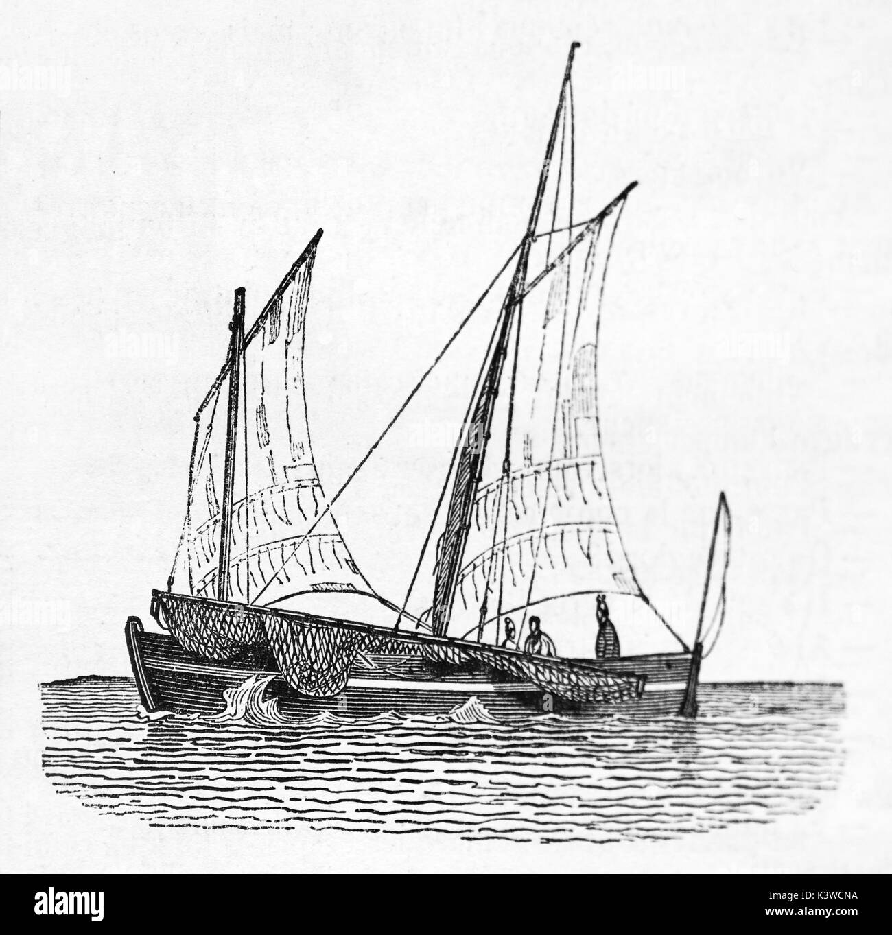 Alte Illustration eines Flambart, kleinen Fischerboot der Normandie. Von unbekannter Autor, auf Magasin Pittoresque, Paris, 1841 veröffentlicht. Stockfoto